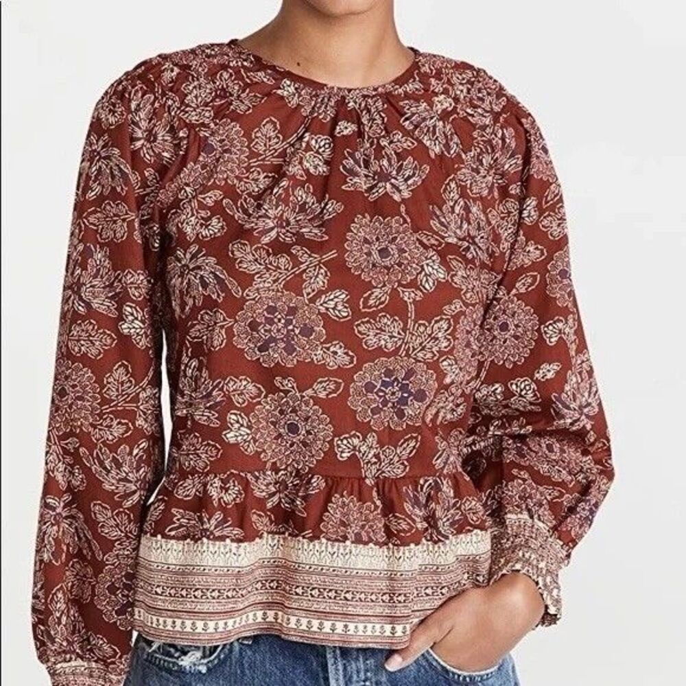 Veronica Beard Floral Peplum Blouse Womens 2‎ Brown Cotton Boho Top